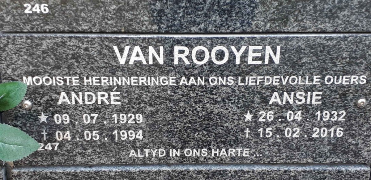 ROOYEN Andre, van 1929-1994 &amp; Ansie 1932-2016