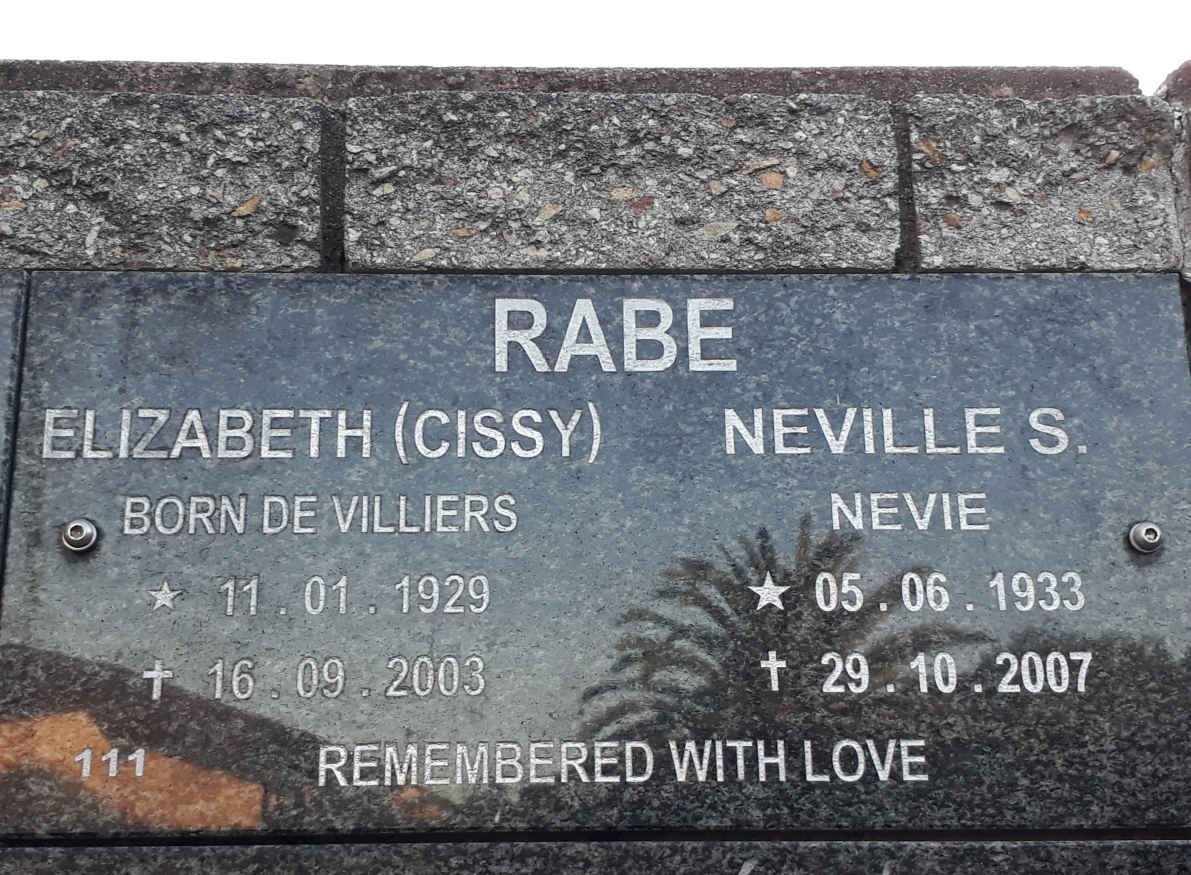 RABE Neville S. 1933-2007 &amp; Elizabeth DE VILLIERS 1929-2003