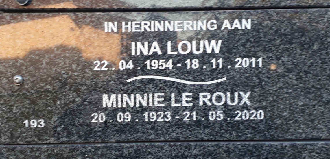 ROUX Minnie, le 1923-2020 :: LOUW Ina 1954-2011
