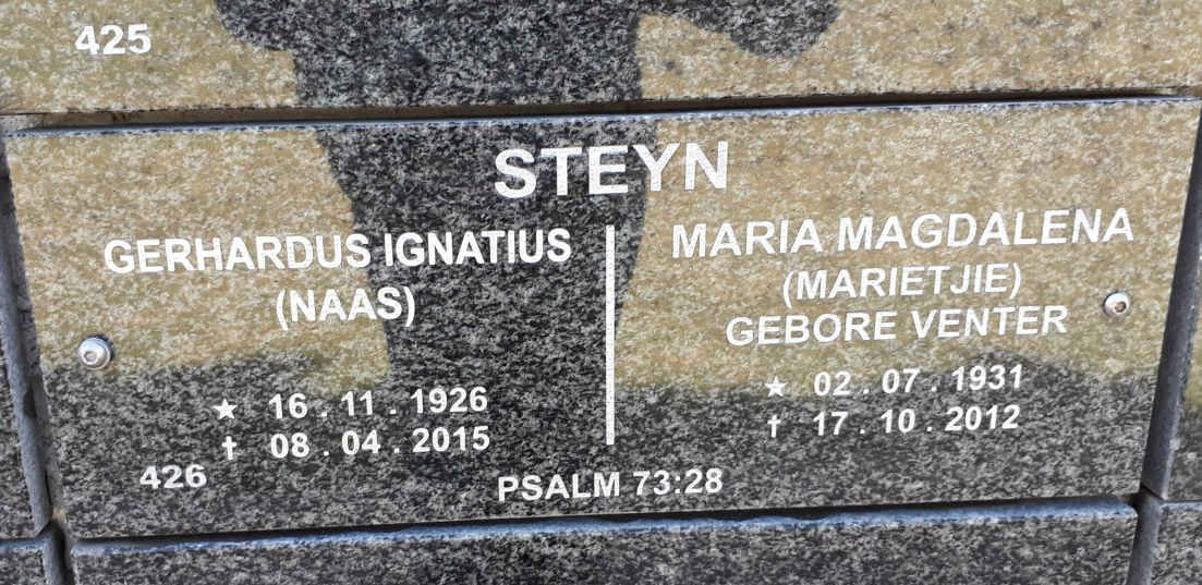 STEYN Gerhardus Ignatius 1926-2015 &amp; Maria Magdalena VENTER 1931-2012