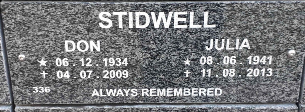 STIDWELL Don 1934-2009 &amp; Julia 1941-2013