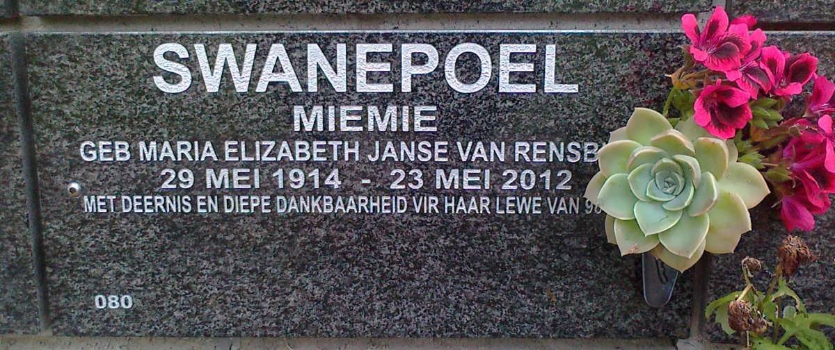 SWANEPOEL Maria Elizabeth nee JANSE VAN RENSBURG 1914-2012