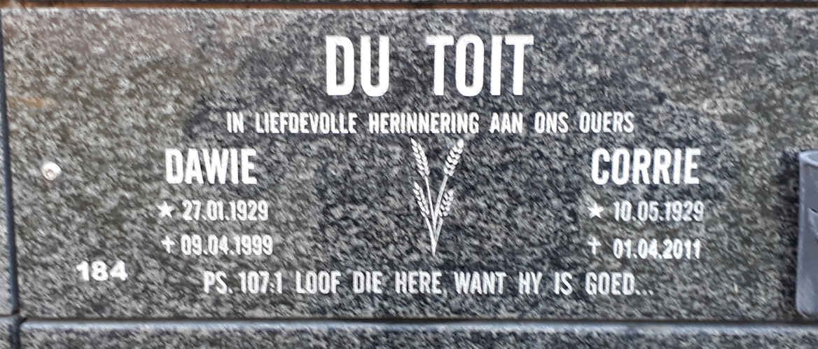 TOIT Dawie, du 1929-1999 &amp; Corrie 1929-2011