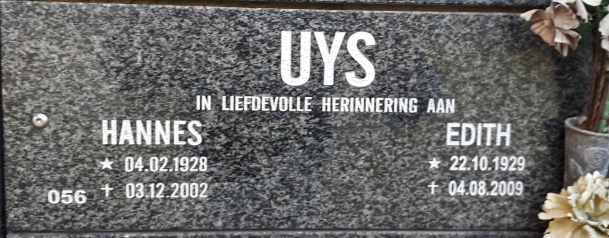 UYS Hannes 1928-2002 &amp; Edith 1929-2009