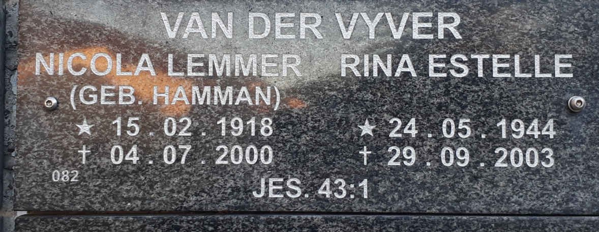 VYVER Nicola Lemmer, van der nee HAMMAN 1918-2000 :: VAN DER VYVER Rina Estelle 1944-2003
