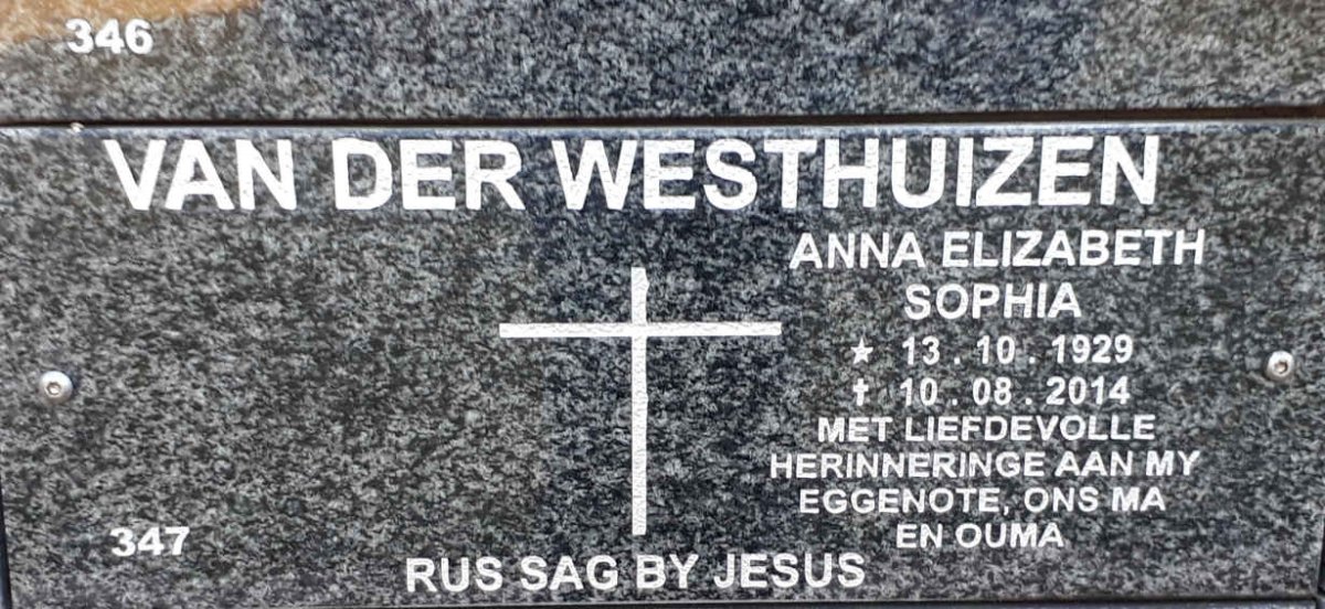 WESTHUIZEN Anna Elizabeth Sophia, van der 1929-2014
