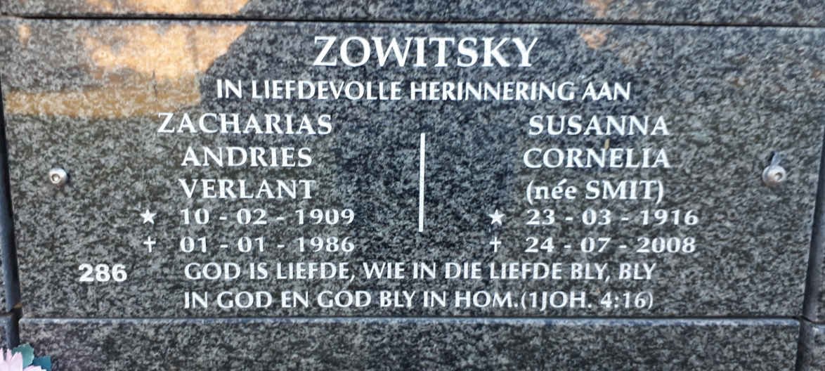 ZOWITSKY Zacharias Andries Verlant 1909-1986 &amp; Susanna Cornelia SMIT 1916-2008