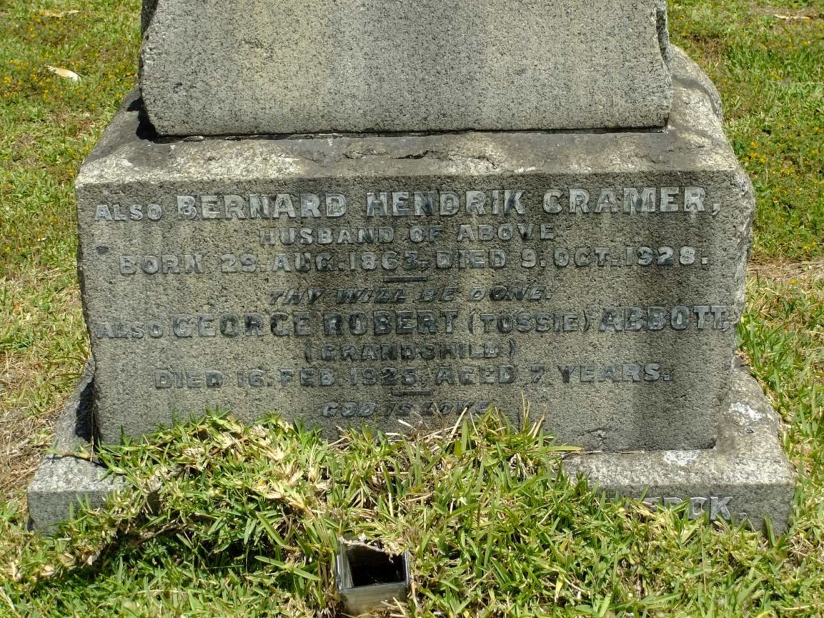ABBOTT George Robert -1925 :: CRAMER Bernard Hendrik 1863-1928 &amp; Christina Elizabeth 1855-1921