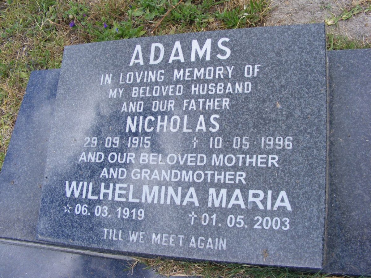ADAMS Nicholas 1915-1996 &amp; Wilhelmina Maria 1919-2003
