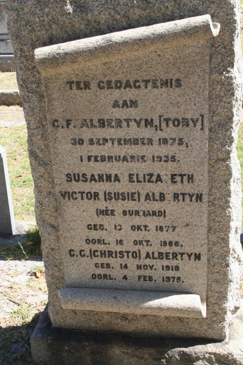 ALBERTYN C.F. 1875-1935 &amp; Susanna Elizabeth Victor BURNARD 1877-1966 :: ALBERTYN C.C. 1918-1975