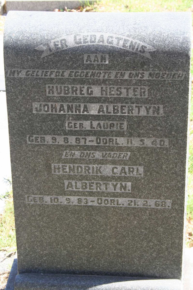 ALBERTYN Hendrik Carl 1883-1968 &amp; Hubreg Hester Johanna LAURIE 1887-1940