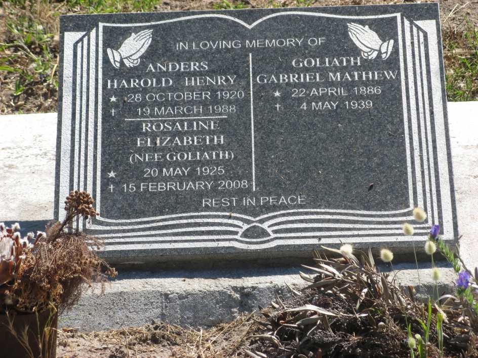 ANDERS Harold Henry 1920-1988 &amp; Rosaline Elizabeth GOLIATH 1925-2008 :: GOLIATH Gabriel Mathew 1886-1939