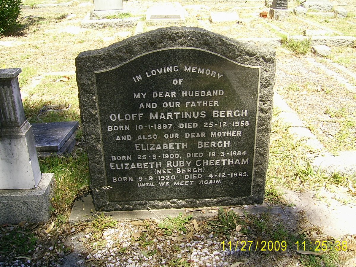 BERGH Oloff Martinus 1897-1958 &amp; Elizabeth 1900-1984 :: CHEETHAM Elizabeth Ruby nee BERGH 1920-1995