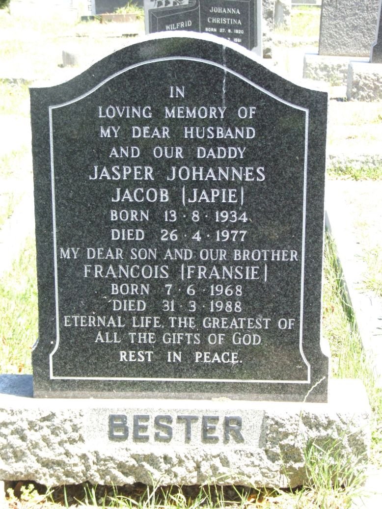 BESTER Jasper Johannes Jacob 1934-1977 :: BESTER Francois 1968-1988