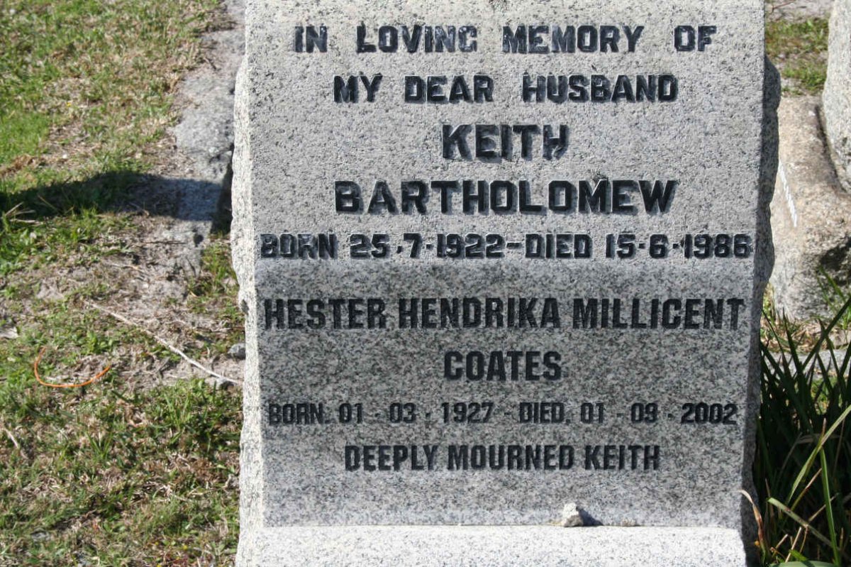 BARTHOLOMEW Keith 1922-1986 &amp; Hester Hendrika Millicent COATES 1927-2002