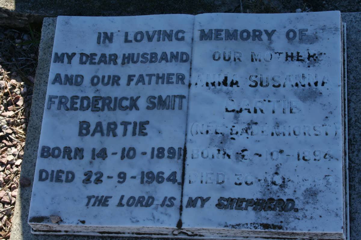 BARTIE Frederick Smit 1891-1964 &amp; Anna Susanna BADENHORST 1894-1995
