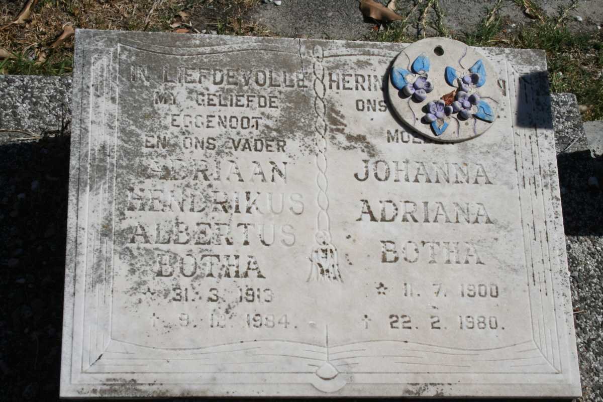 BOTHA Adriaan Hendrikus Albertus 1913-1984 &amp; Johanna Adriana 1900-1980
