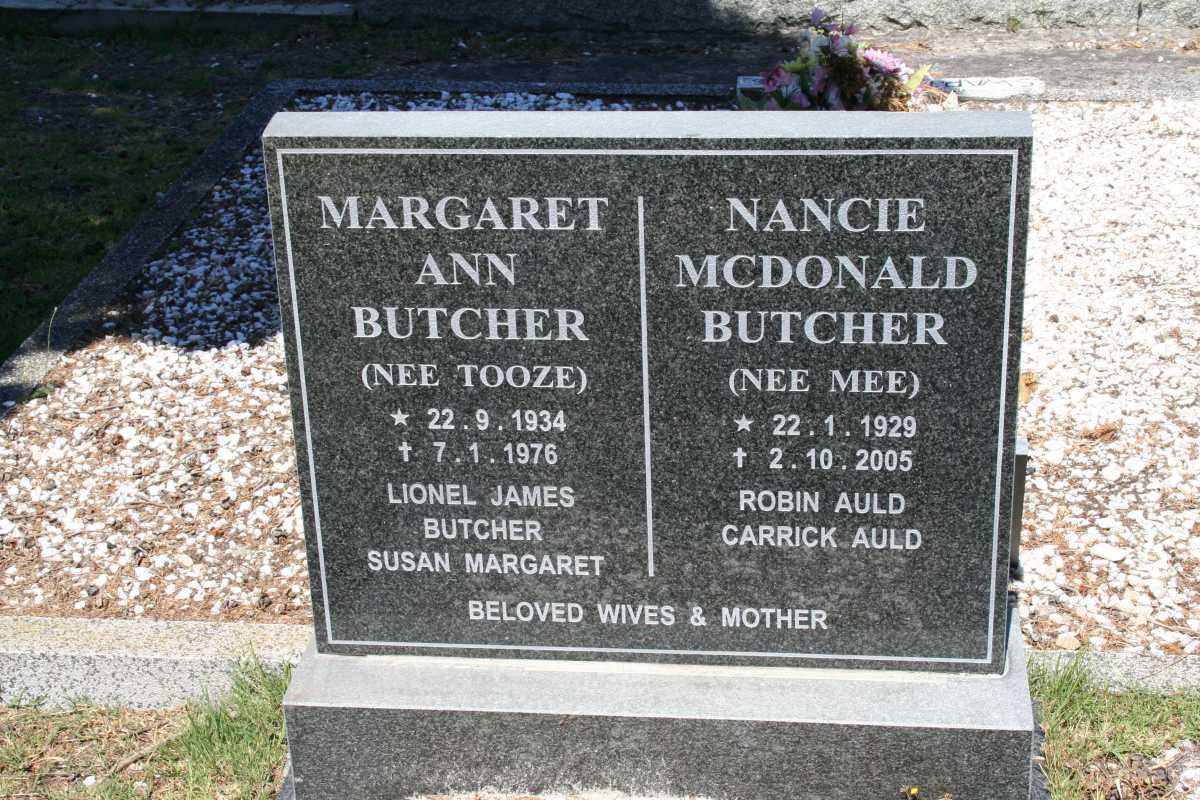 BUTCHER Nancie Mcdonald nee MEE 1929-2005 :: BUTCHER Margaret Ann nee TOOZE 1934-1976 
