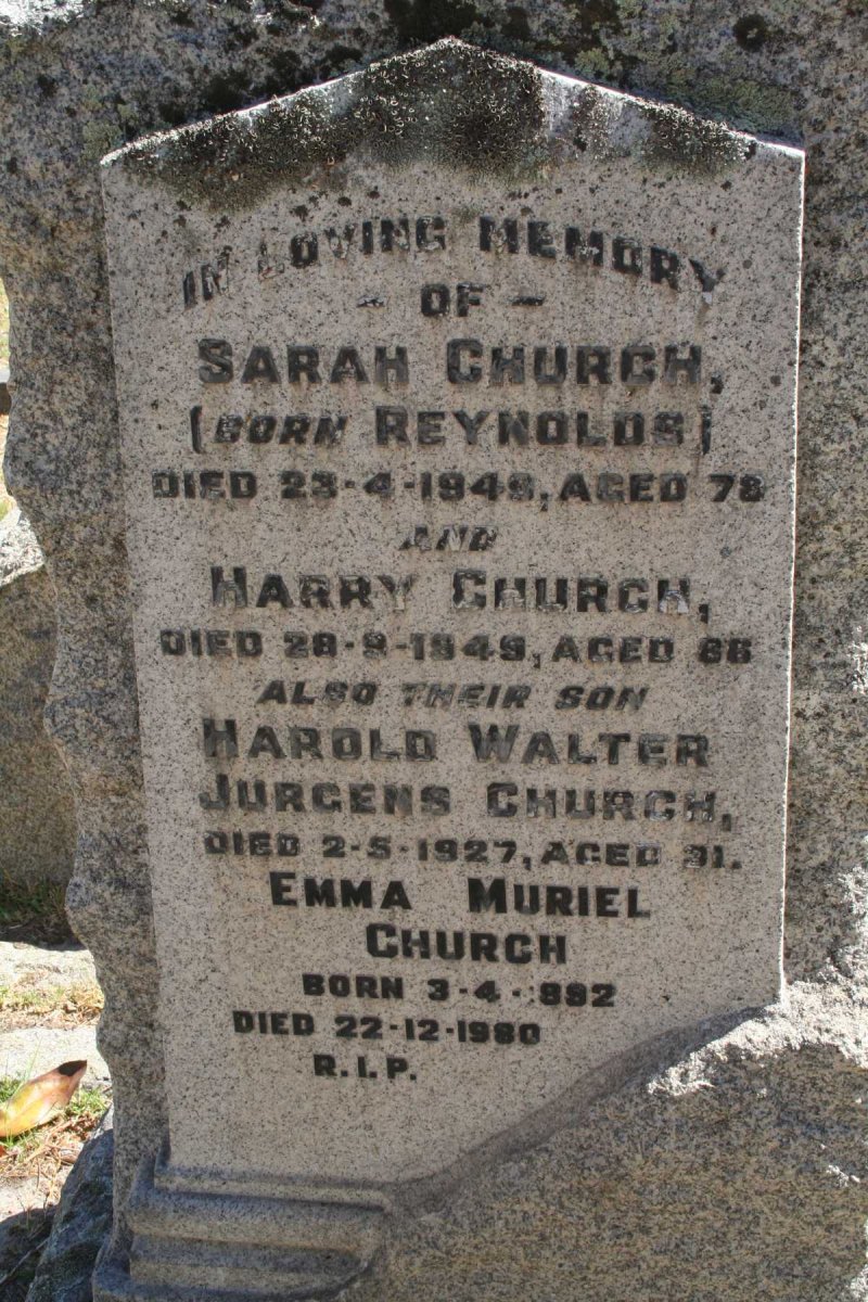 CHURCH Harry -1949 &amp; Sarah REYNOLDS -1949 :: CHURCH Harold Walter Jurgens -1927 :: CHURCH Emma Muriel 1892-1980
