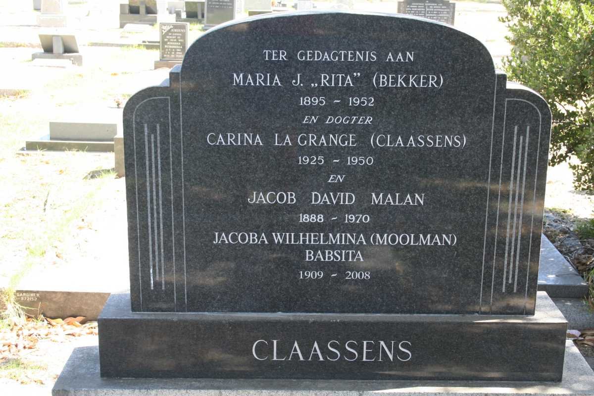 CLAASSENS Jacob David Malan 1888-1970 &amp; Maria J. nee BEKKER 1895-1952 :: LE GRANGE Carina nee CLAASSENS 1925-1950