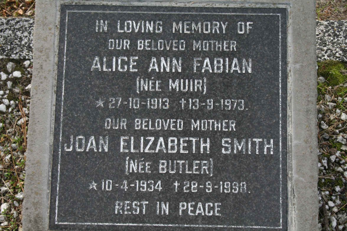 FABIAN Alice Ann nee MUIR 1913-1973 :: SMITH Joan Elizabeth nee BUTLER 1934-1998