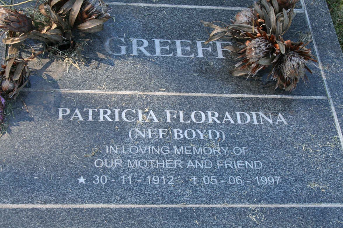 GREEFF Patricia Floradina nee BOYD 1912-1997