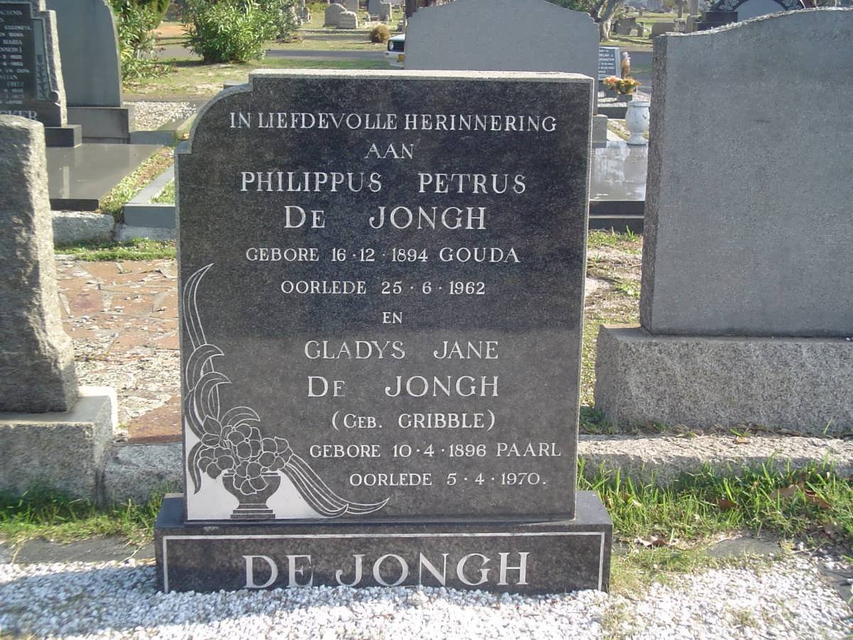 JONGH Philippus Petrus, de 1894-1962 &amp; Gladys Jane GRIBBLE 1896-1970