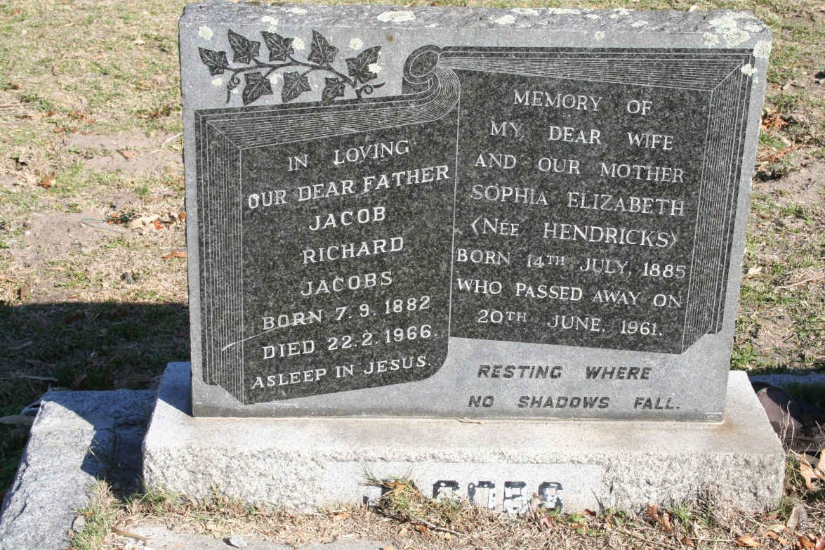 JACOBS Jacob Richard 1882-1966 &amp; Sophia Elizabeth HENDRICKS 1885-1961