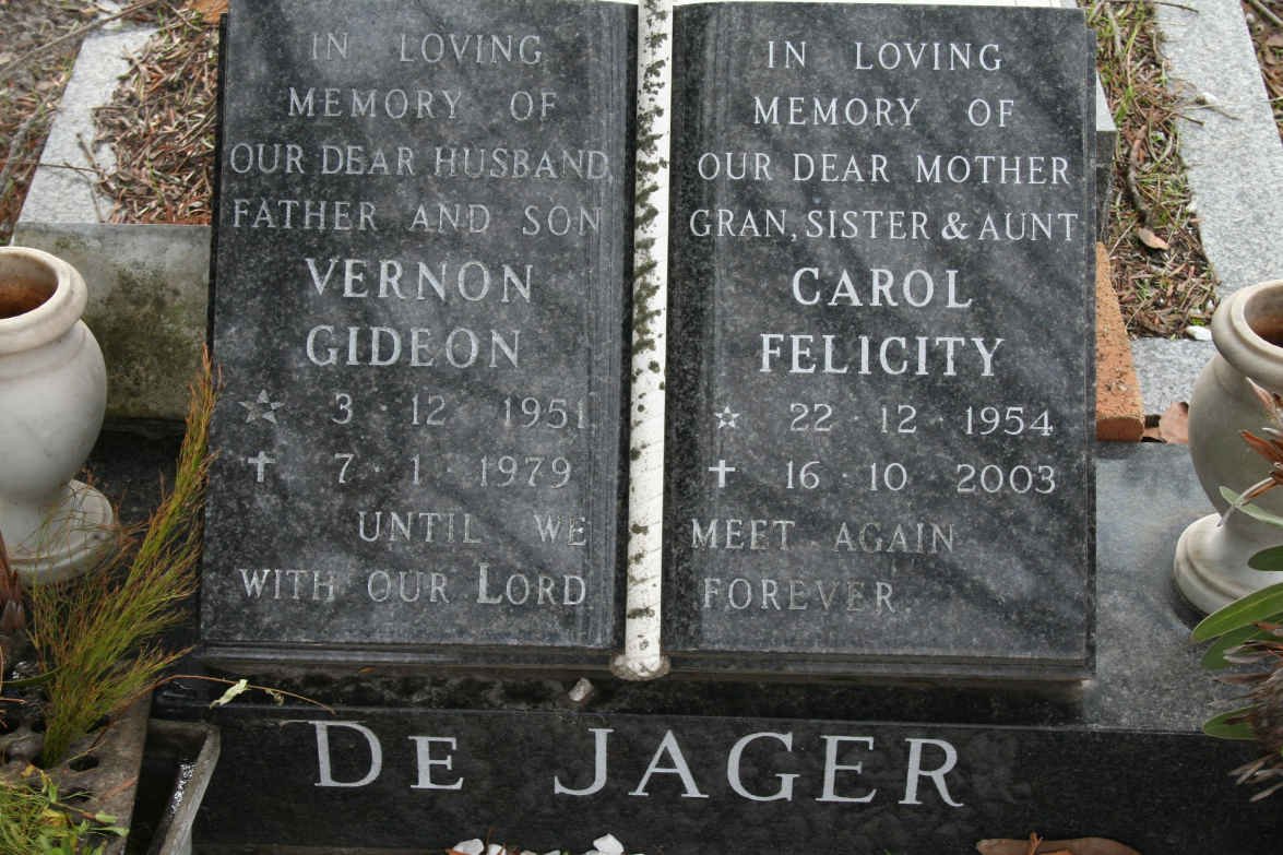JAGER Vernon Gideon, de 1951-1979 &amp; Carol Felicity 1954-2003