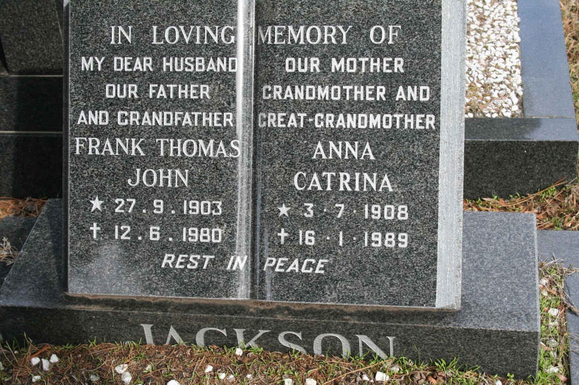 JACKSON Frank Thomas John 1903-1980 &amp; Anna Catrina 1908-1989