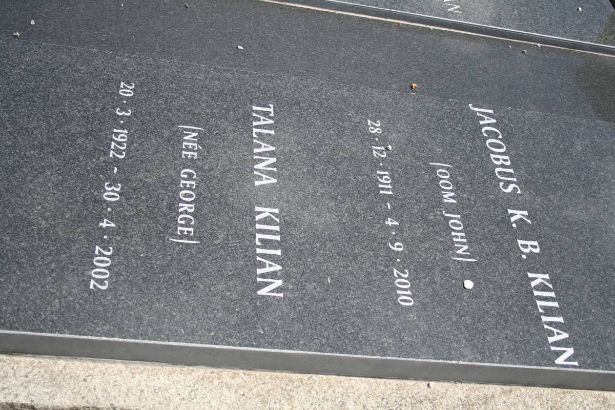 KILIAN Jacobus K.B. 1911-2010 &amp; Talana GEORGE 1922-2002