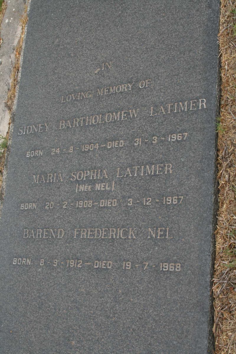 LATIMER Sidney Bartholomew 1904-1967 &amp; Maria Sophia NEL 1908-1967 :: NEL Barend Frederick 1912-1968