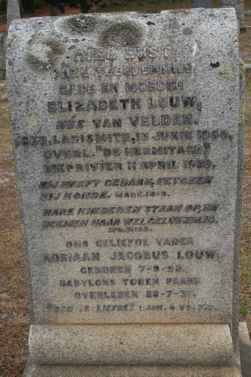 LOUW Adriaan Jacobus 1852-1931 &amp; Elizabeth VAN VELDEN 1856-1928