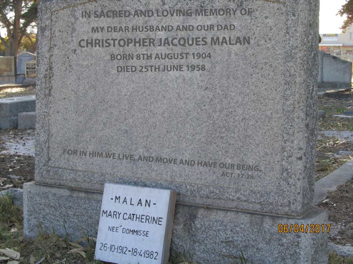 MALAN Christopher Jacques 1904-1958 & Mary Catherine DOMMISSE 1912-1982