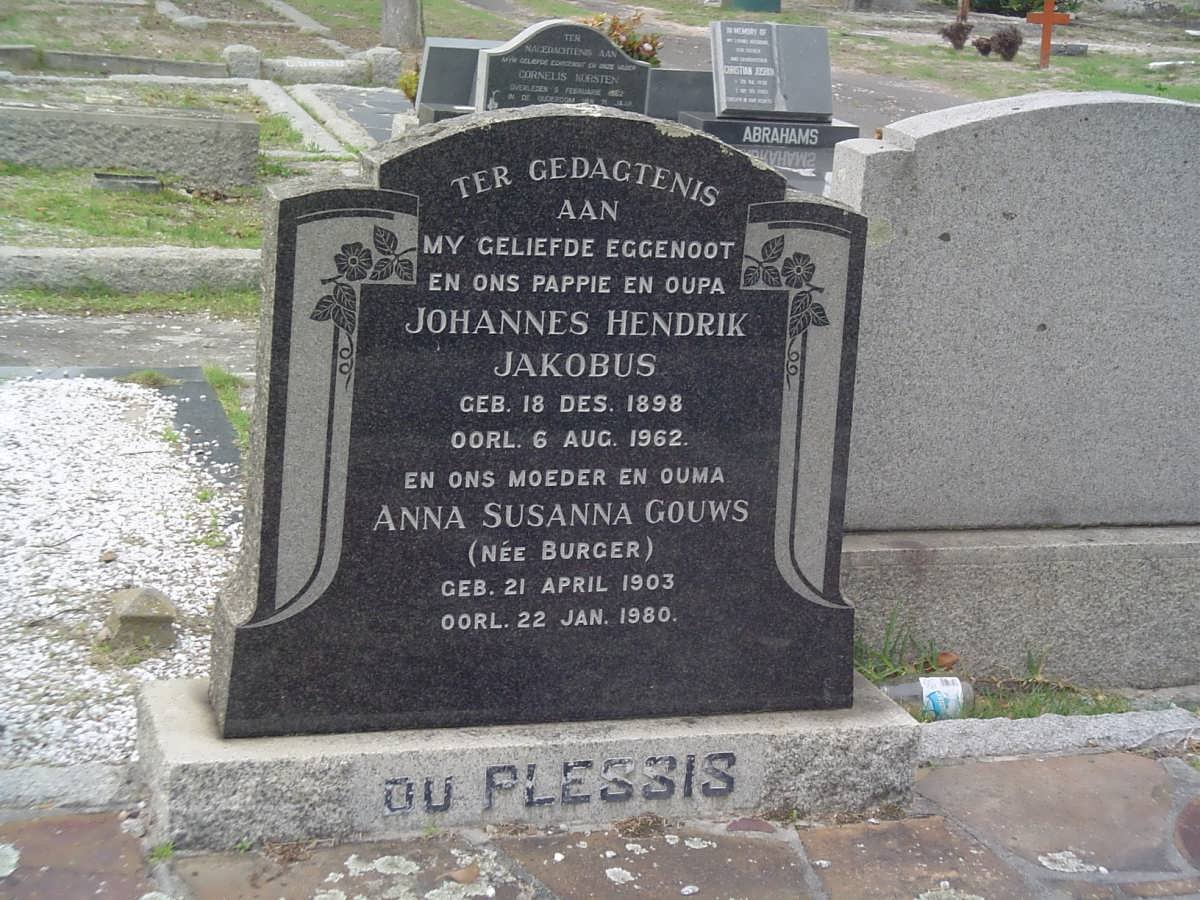 PLESSIS Johannes Hendrik Jakobus, du 1898-1962 &amp; Anna Susanna Gouws BURGER 1903-1980