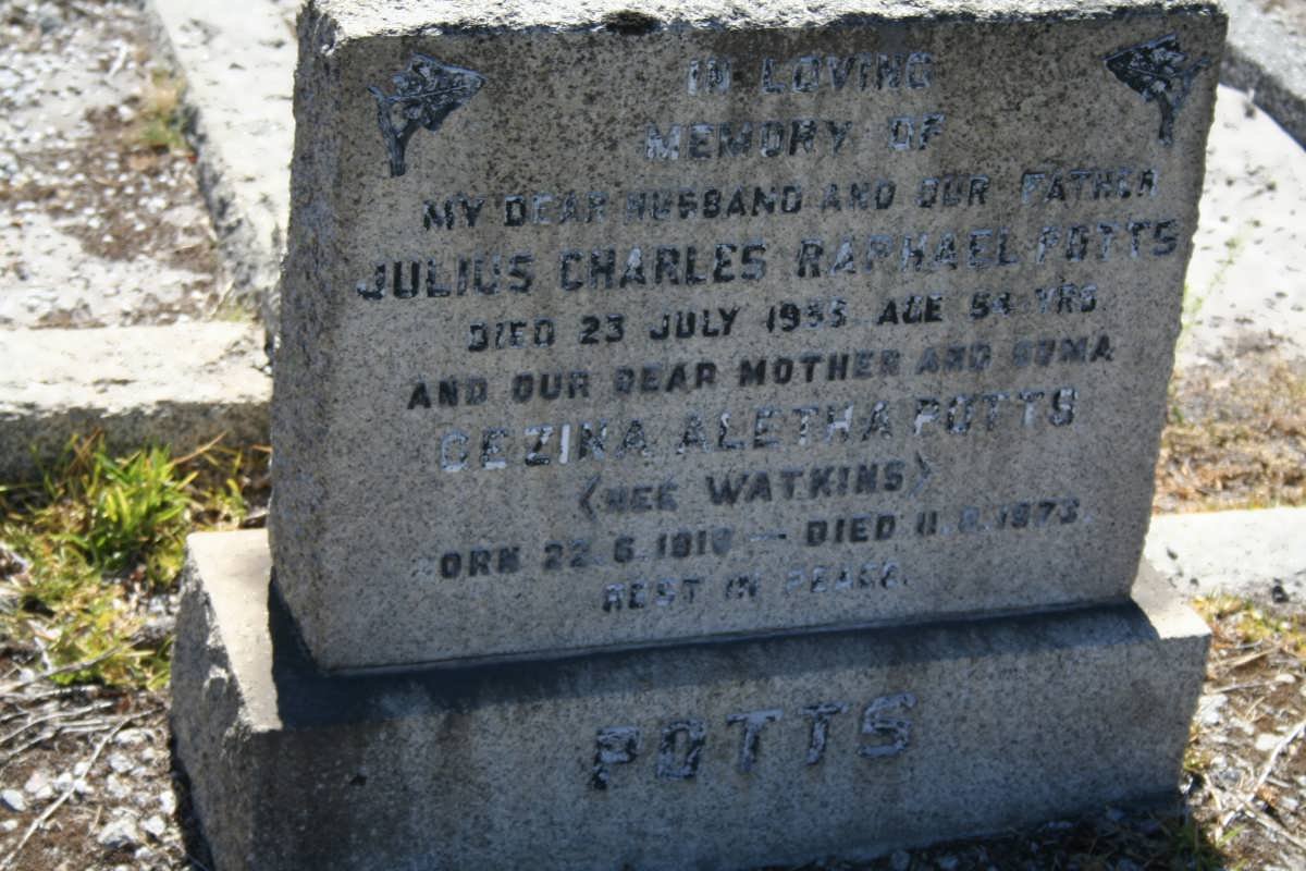 POTTS Julius Charles Raphael -1955 &amp; Gezina Aletha WATKINS 191?-1973