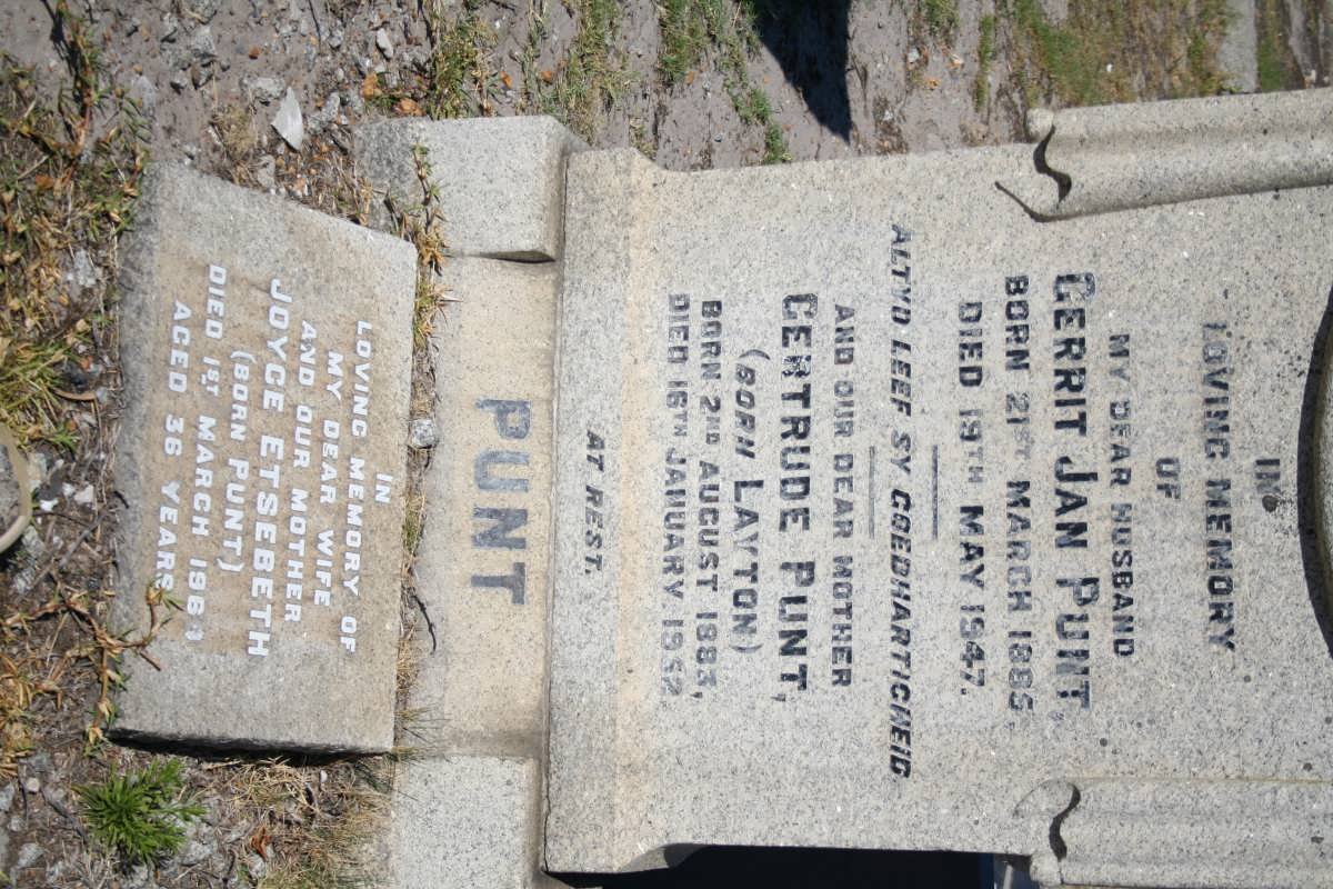 PUNT Gerrit Jan 1885-1947 &amp; Gertrude LAYTON 1883-1952 :: ETSEBETH Joyce nee PUNT -196?