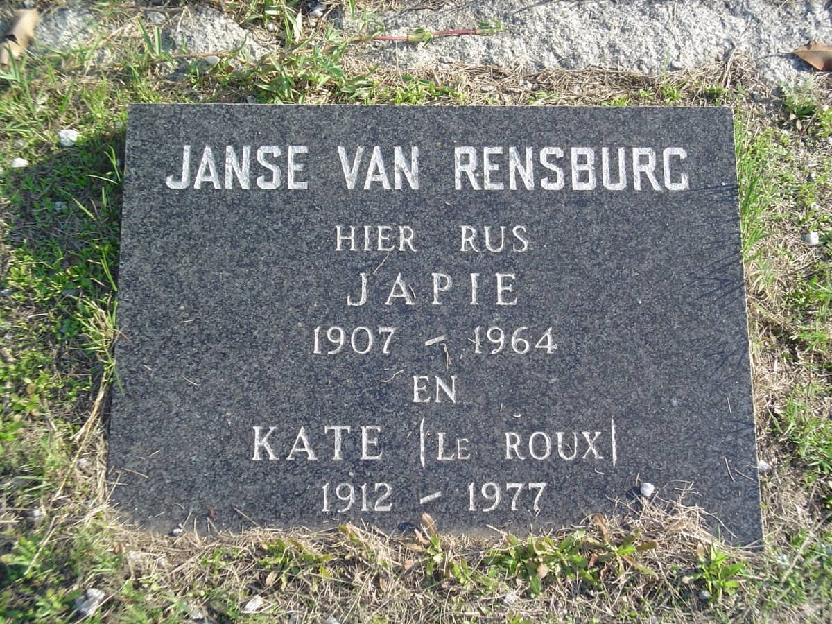 RENSBURG Japie, Janse van 1907-1964 &amp; Kate le ROUX 1912-1977