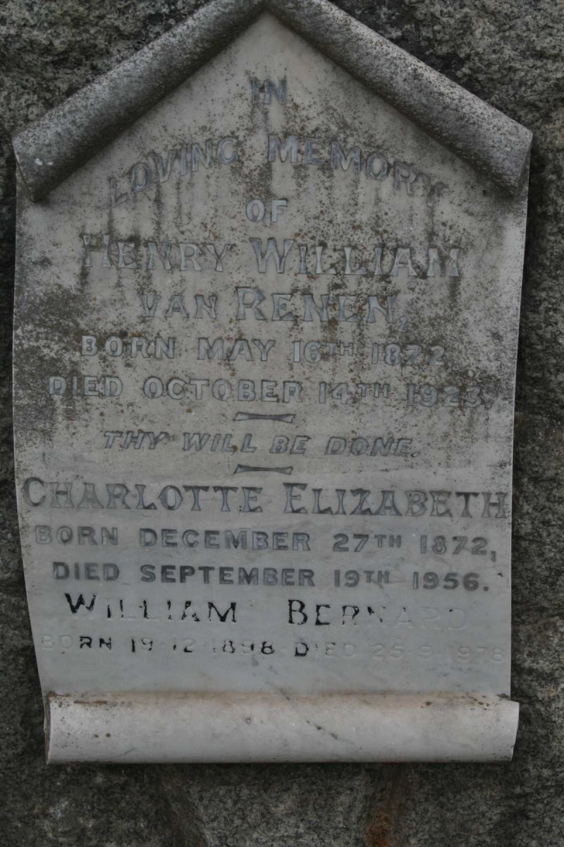 RENEN Henry William, van 1872-1923 &amp; Charlotte Elizabeth 1872-1956 :: VAN RENEN William Bernard 1898-1978