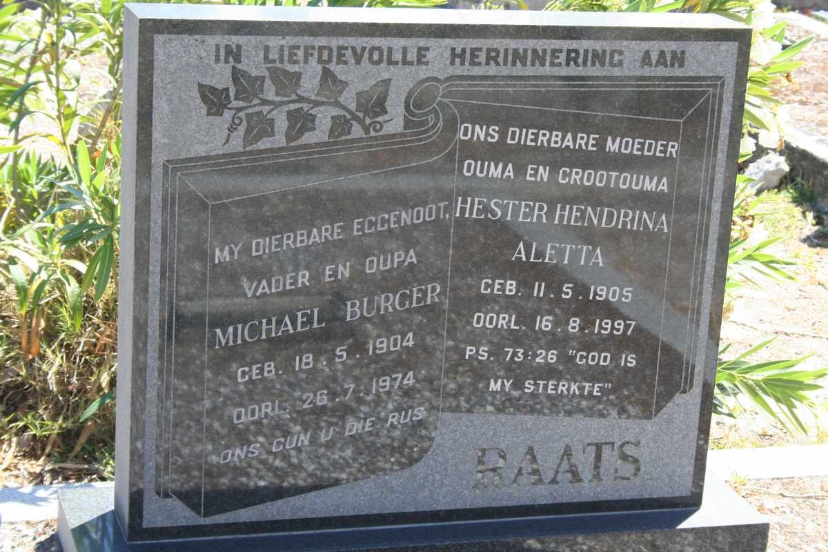 RAATS Michael Burger 1904-1974 &amp; Hester Hendrina Aletta 1905-1997