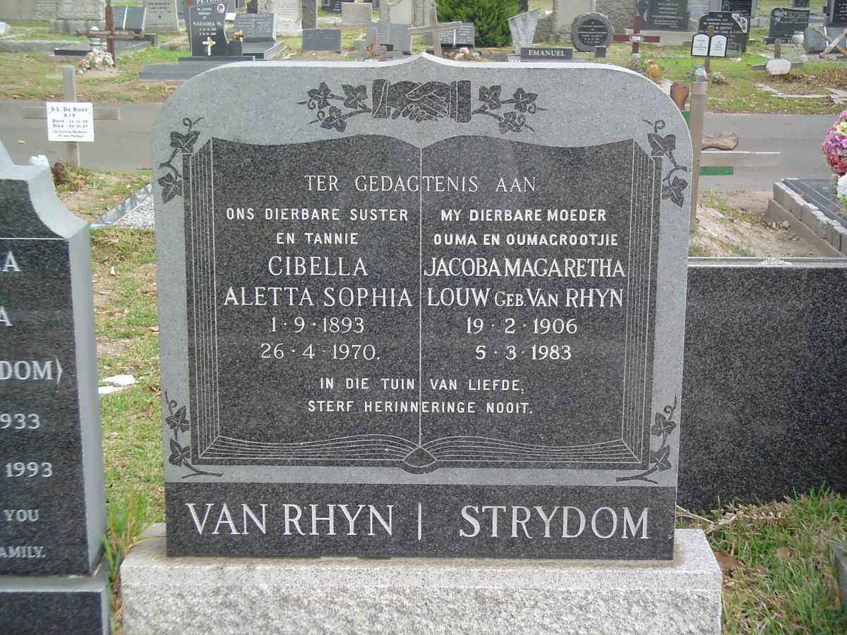 RHYN Cibella Aletta Sophia, van 1893-1970 :: STRYDOM Jacoba Magaretha Louw nee VAN RHYN 1906-1983