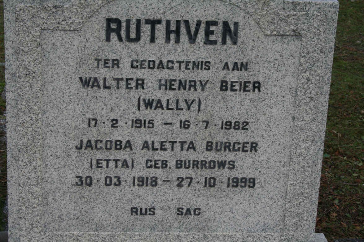 RUTHVEN Walter Henry Beier 1915-1982 &amp; Jacoba Aletta Burger BURROWS 1918-1999