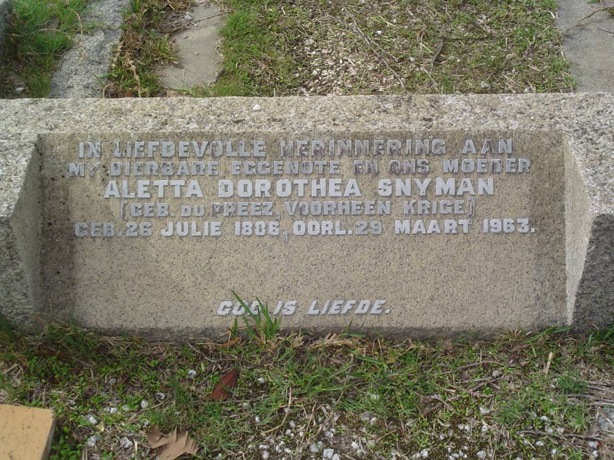 SNYMAN Aletta Dorothea formerly KRIGE nee DU PREEZ 1886-1963