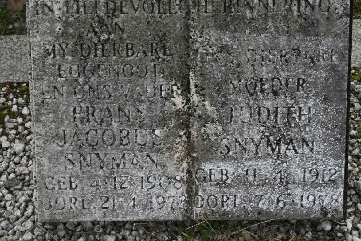 SNYMAN Frans Jacobus 1908-1973 &amp; Judith 1912-1978