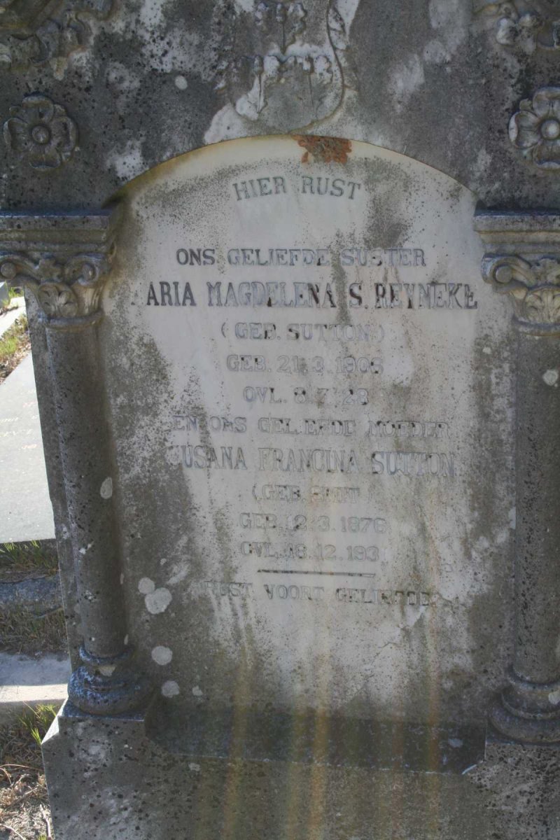 SUTTON Susana Francina nee SMITH 1876-1931 :: REYNEKE Maria Magdalena S. nee SUTTON 1906-1928