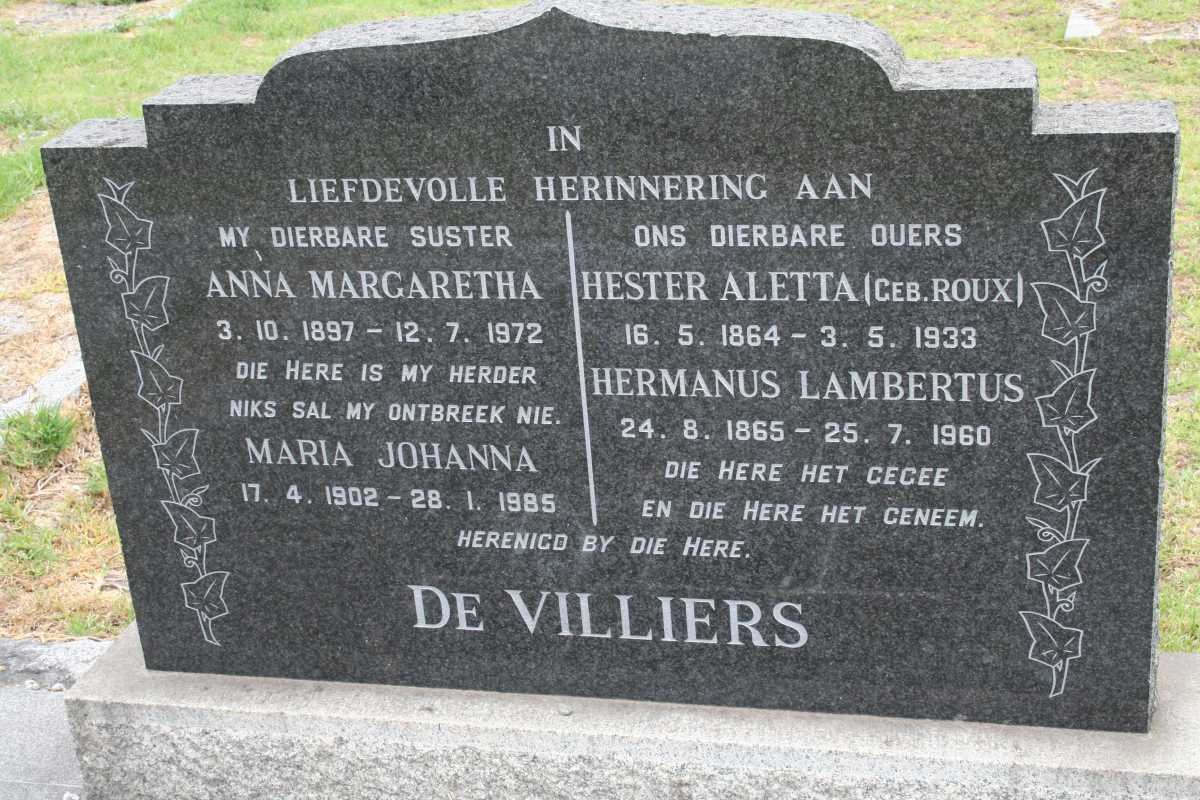 VILLIERS Hermanus Lambertus, de 1865-1960 &amp; Hester Aletta ROUX 1864-1933 :: DE VILLIERS Anna Margaretha 1897-1972