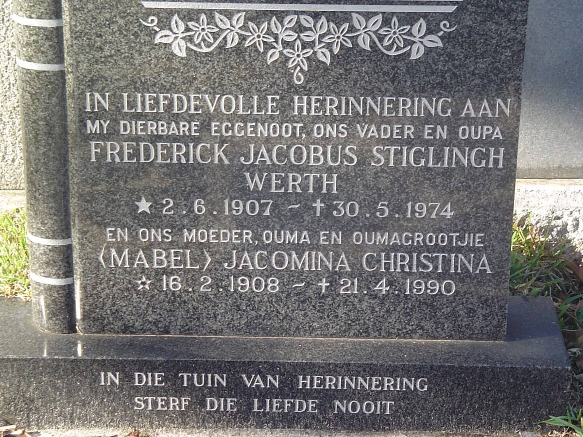 WERTH Frederick Jacobus Stiglingh 1907-1974 &amp; Jacomina Christina 1908-1990