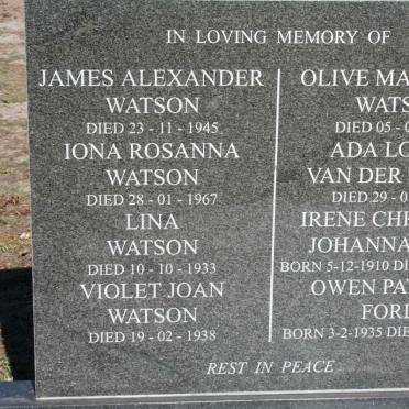 WATSON James Alexander -1945:: WATSON Iona Rosanna -1967 :: WATSON Lina -1933 :: WATSON Violet Joan -1938