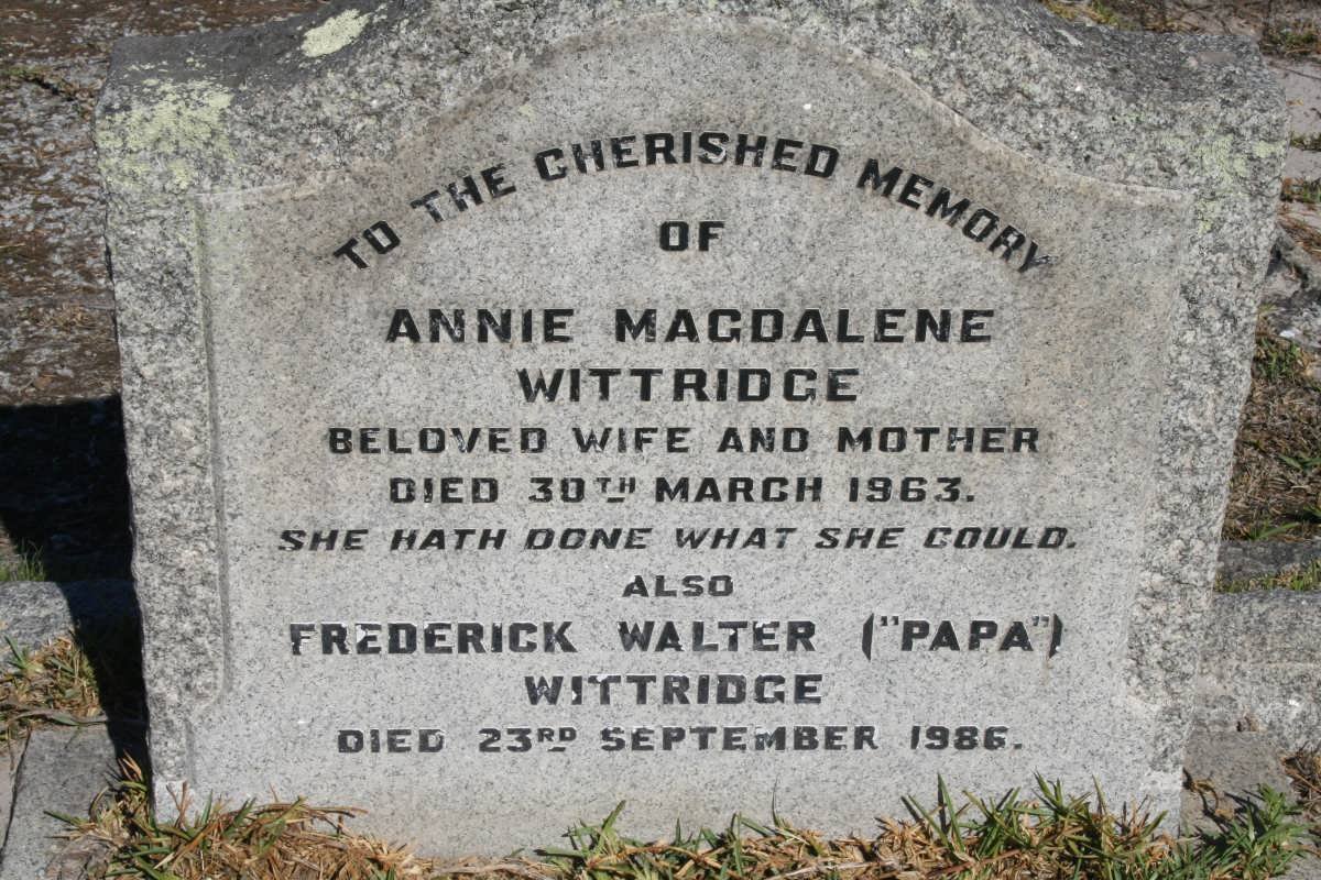 WITTRIDGE Frederick Walter -1986 &amp; Annie Magdalene -1963