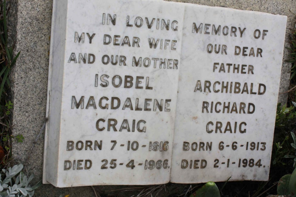 CRAIG Archibald Richard 1913-1984 &amp; Isobel Magdalene 1916-1966